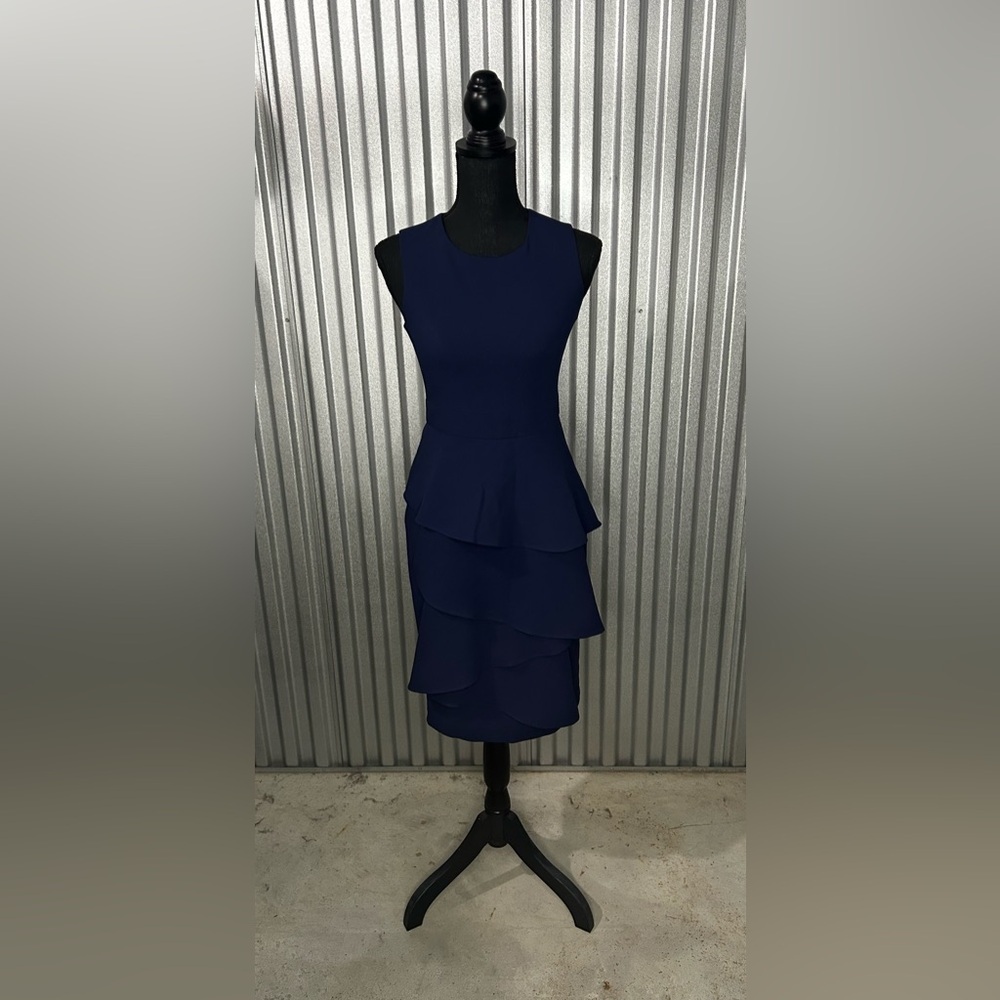 Women’s Eliza J Blue Solid Polyester Layered Flow Designer Midi Dress Size 2